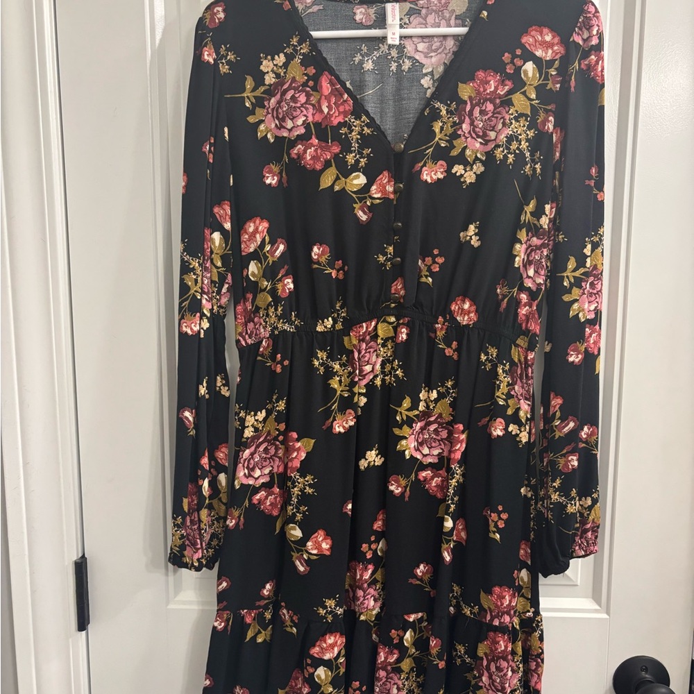 Xhilaration Black Dress with Pink Floral Design